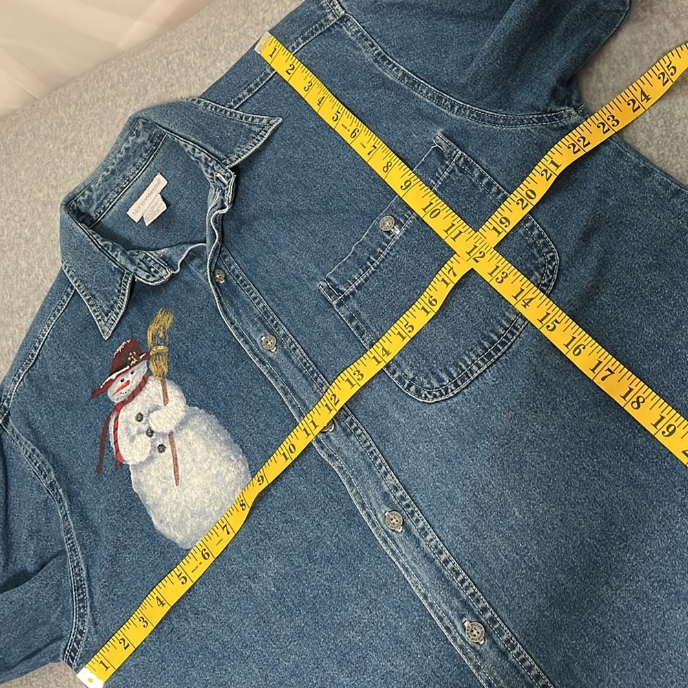 Y2K Denim Button Top Shirt Womens Medium Painted Snowman Boho Country Winter - Picture 4 of 10